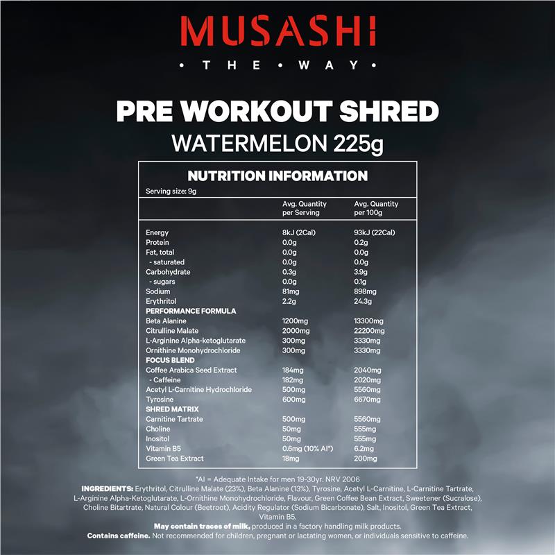 Musashi Pre Workout Shred Watermelon 225g - Thermogenic Energy Booster