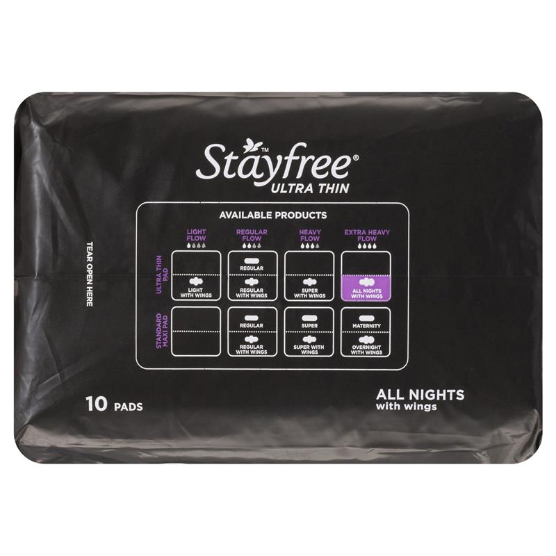 Stayfree All Night Ultra Thin Pads with Wings, 10-Pack, Advanced Leak Protection