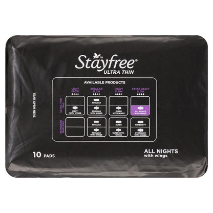Stayfree All Night Ultra Thin Pads with Wings, 10-Pack, Advanced Leak Protection