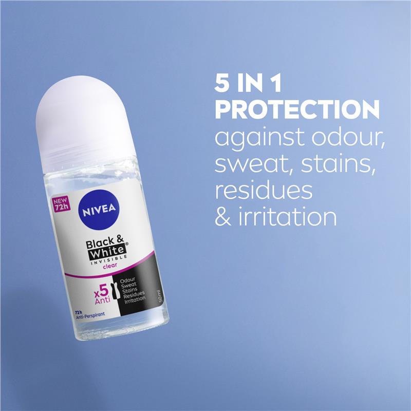 NIVEA Black & White Invisible Anti-Stain Roll-On Deodorant 72H, 50ml