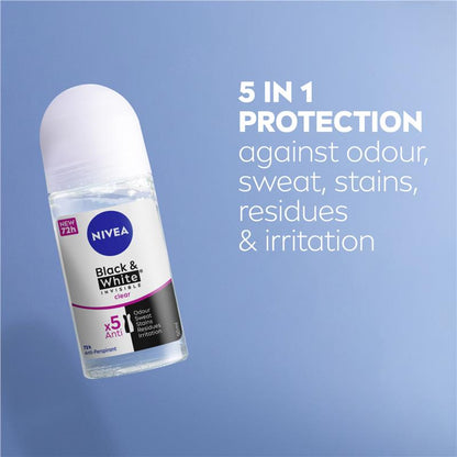 NIVEA Black & White Invisible Anti-Stain Roll-On Deodorant 72H, 50ml
