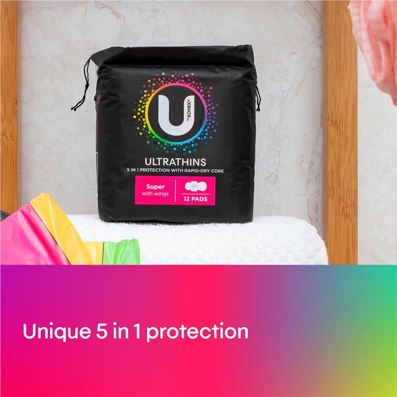 U by Kotex Ultrathin Super Pads with Wings, Rapid-Dry Core, 12-Pack