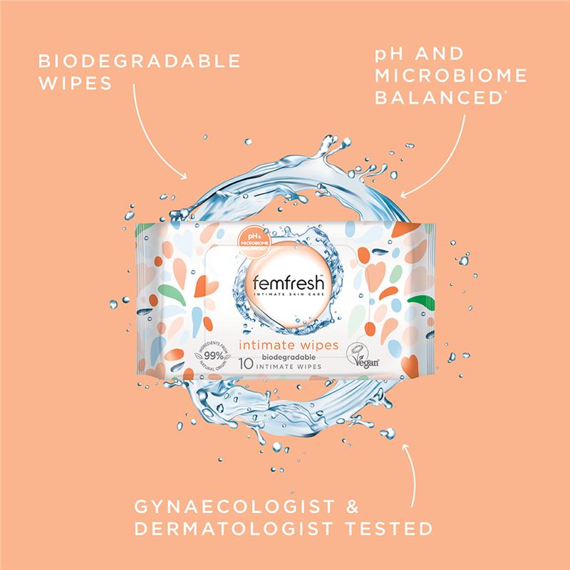 Femfresh Biodegradable pH Balanced Intimate Wipes - 10 Travel Pack