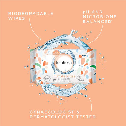 Femfresh Biodegradable pH Balanced Intimate Wipes - 10 Travel Pack