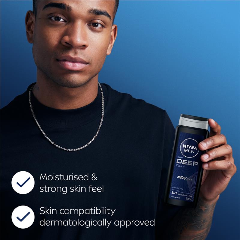NIVEA Men Deep Clean Shower Gel 500ml – Natural Clay & Biodegradable