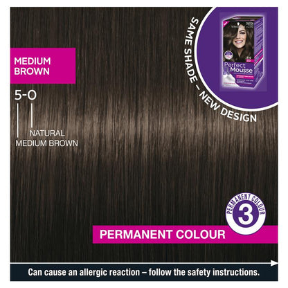 Schwarzkopf Perfect Mousse 5-0 Medium Brown - Long-Lasting Hair Color-Auzzi Store