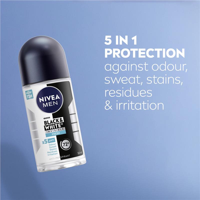 NIVEA Men Black & White Anti-Stain Roll-On Deodorant 72H, 50ml