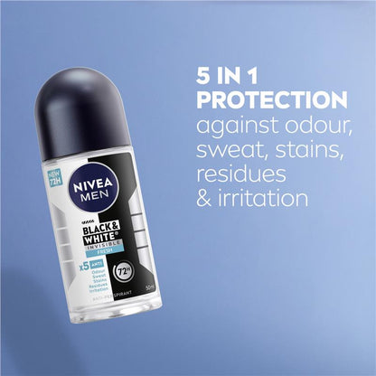 NIVEA Men Black & White Anti-Stain Roll-On Deodorant 72H, 50ml