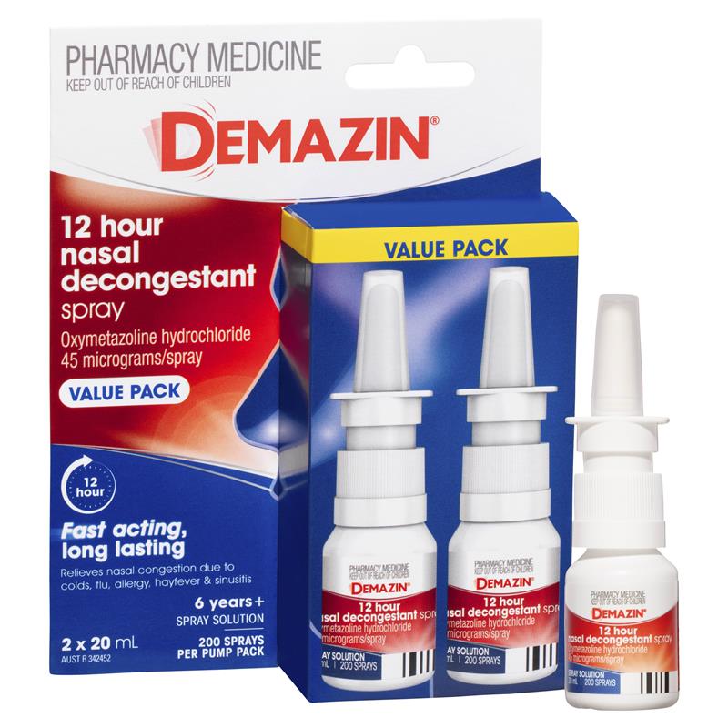 Demazin 12 Hour Relief Decongestant Nasal Spray 2 x 20ml - Long-Lasting Relief