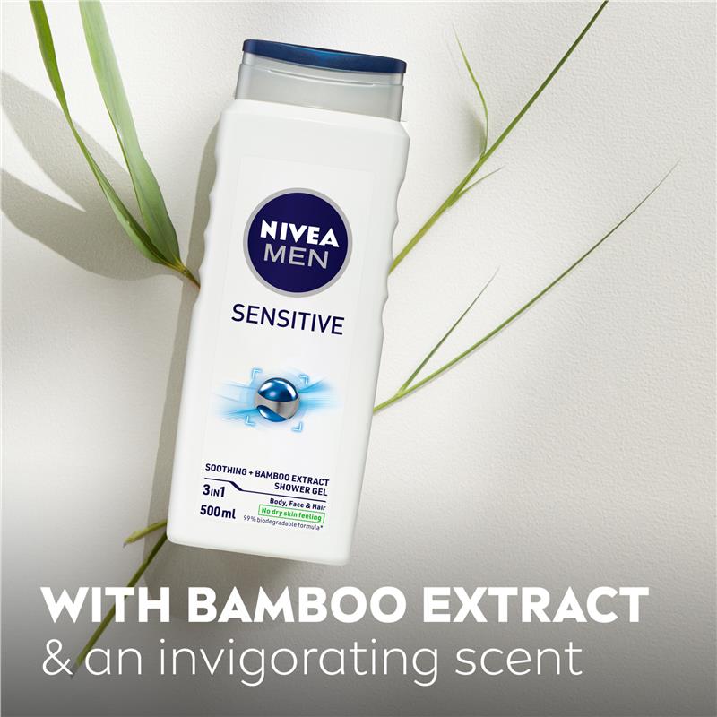 NIVEA MEN Sensitive 3-in-1 Shower Gel Body Wash 500ml Bamboo