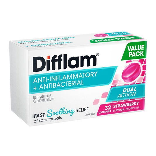 Difflam Dual Action Strawberry 32 Lozenges - Soothing Sore Throat Relief - Auzzistore