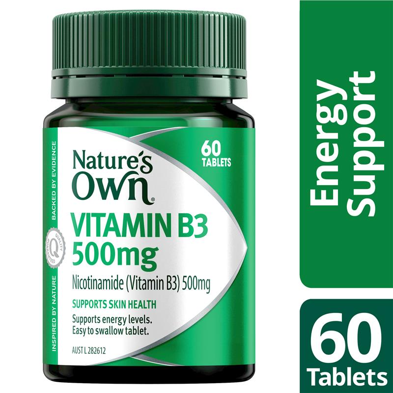 Nature's Own Vitamin B3 500mg - 60 Tablets for Energy & Skin Health