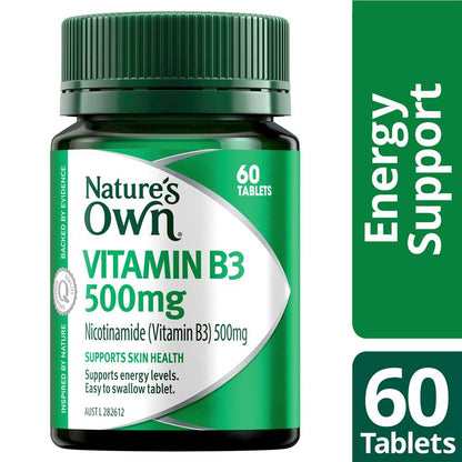 Nature's Own Vitamin B3 500mg - 60 Tablets for Energy & Skin Health
