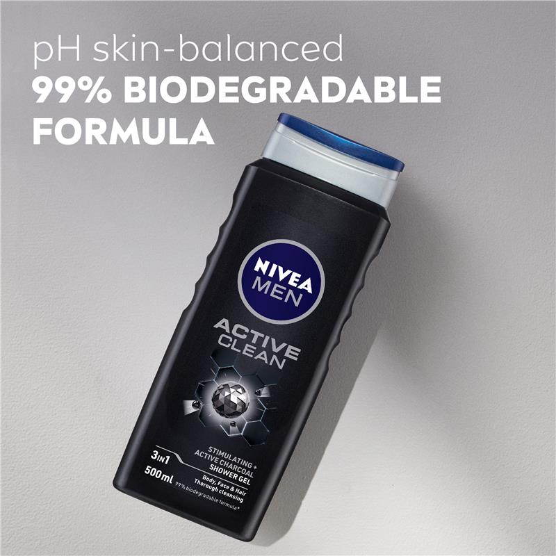 NIVEA MEN Active Clean 3-in-1 Shower Gel with Active Charcoal, 500ml