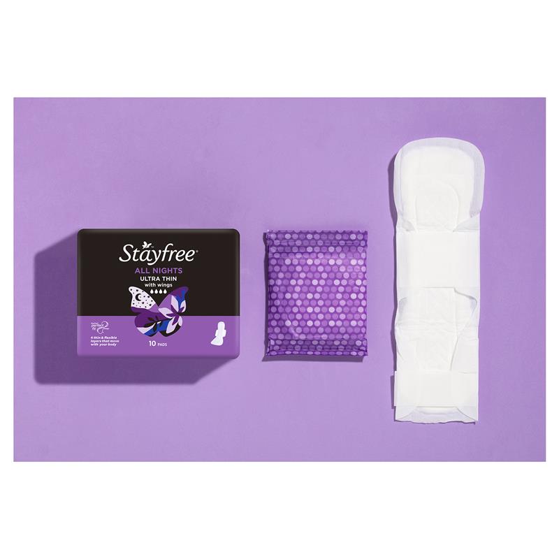 Stayfree All Night Ultra Thin Pads with Wings, 10-Pack, Advanced Leak Protection