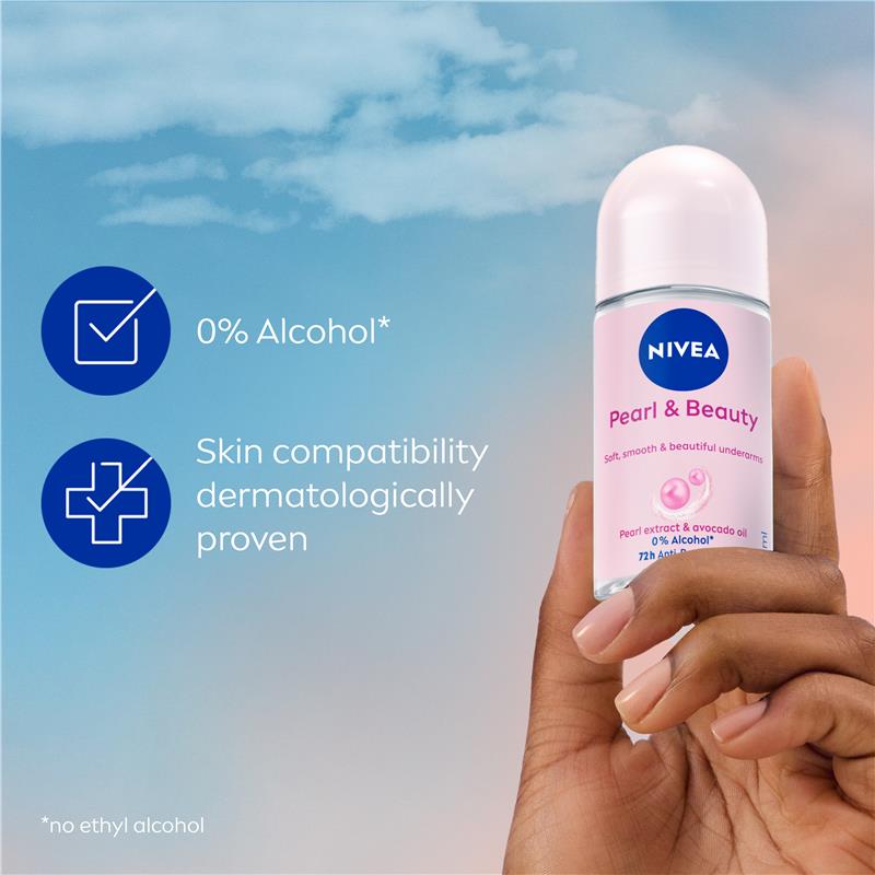 NIVEA Pearl & Beauty Roll-On Deodorant 50ml, 72H Protection, Avocado Oil