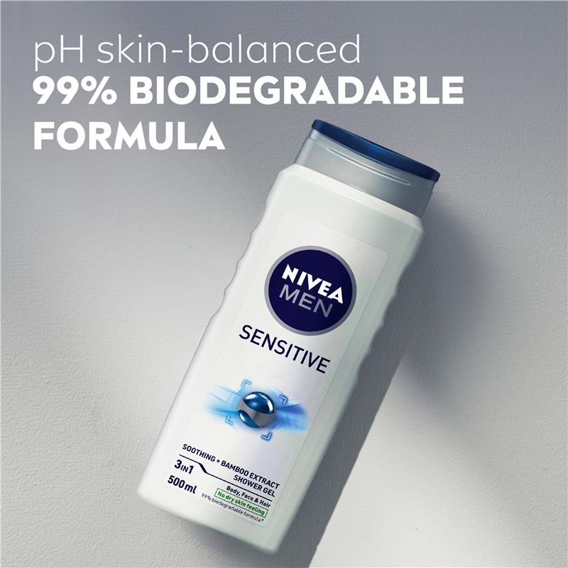 NIVEA MEN Sensitive 3-in-1 Shower Gel Body Wash 500ml Bamboo