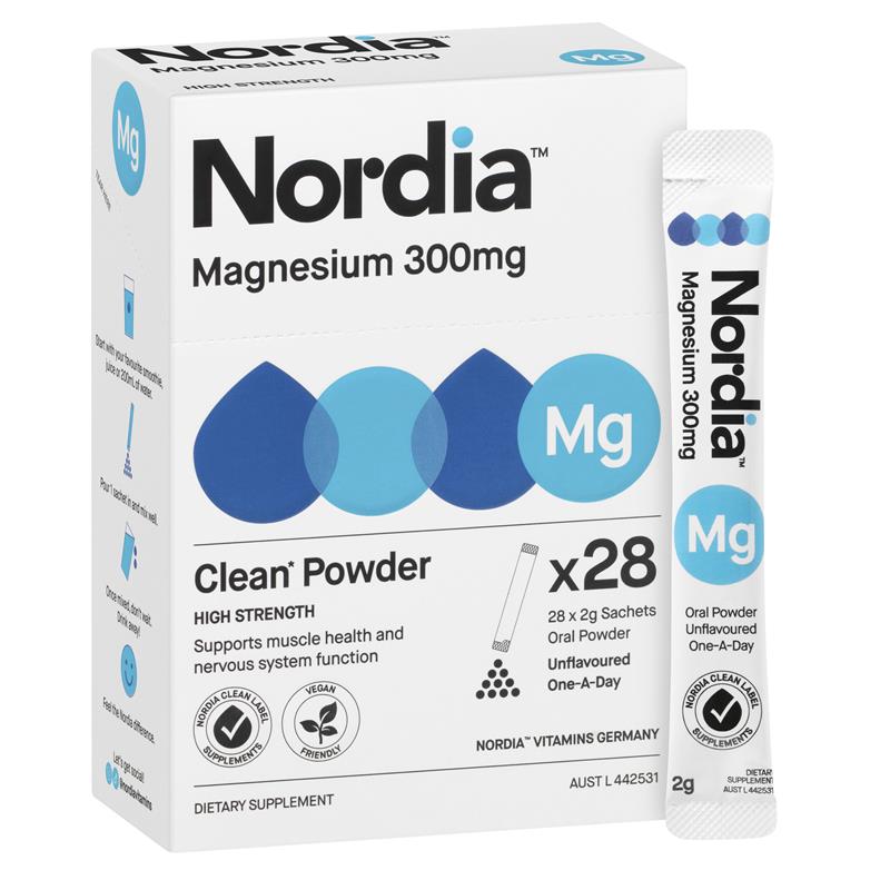 Nordia Magnesium 300mg Unflavoured Powder - 28 Sachets for Muscle Health
