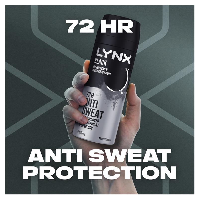 LYNX Black 165ml Antiperspirant Aerosol for Men – 72H Protection