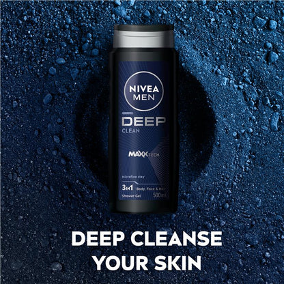 NIVEA Men Deep Clean Shower Gel 500ml – Natural Clay & Biodegradable