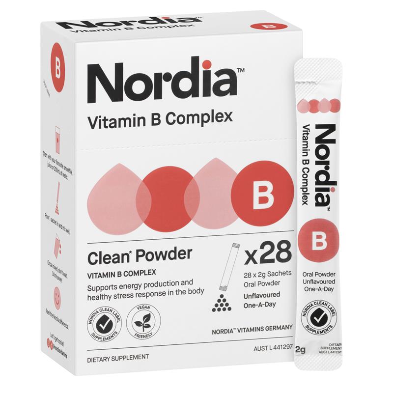 Nordia Vitamin B Complex Unflavoured Powder - 28 Sachets for Energy Support