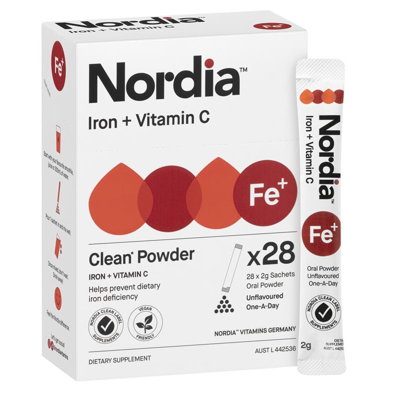 Nordia Iron + Vitamin C Powder - 28 Sachets, Sugar-Free, Supports Blood Health