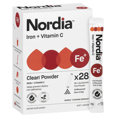 Nordia Iron + Vitamin C Powder - 28 Sachets, Sugar-Free, Supports Blood Health