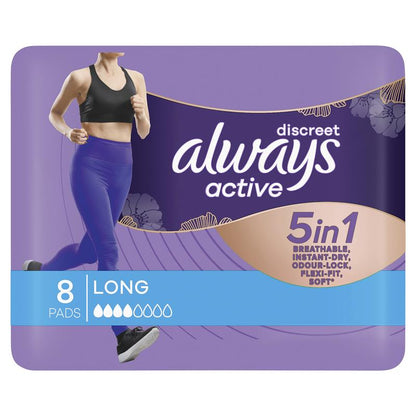 Always Discreet Active Incontinence Pads for Bladder Leaks, Long, 8-Pads