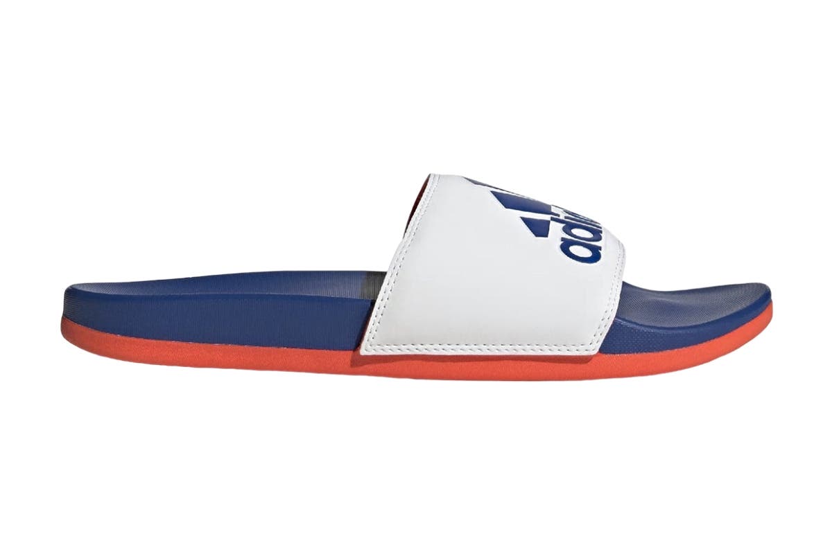 Adidas Men's Adilette Comfort Slides  - White/Blue/Solar Red, Size 12 US 