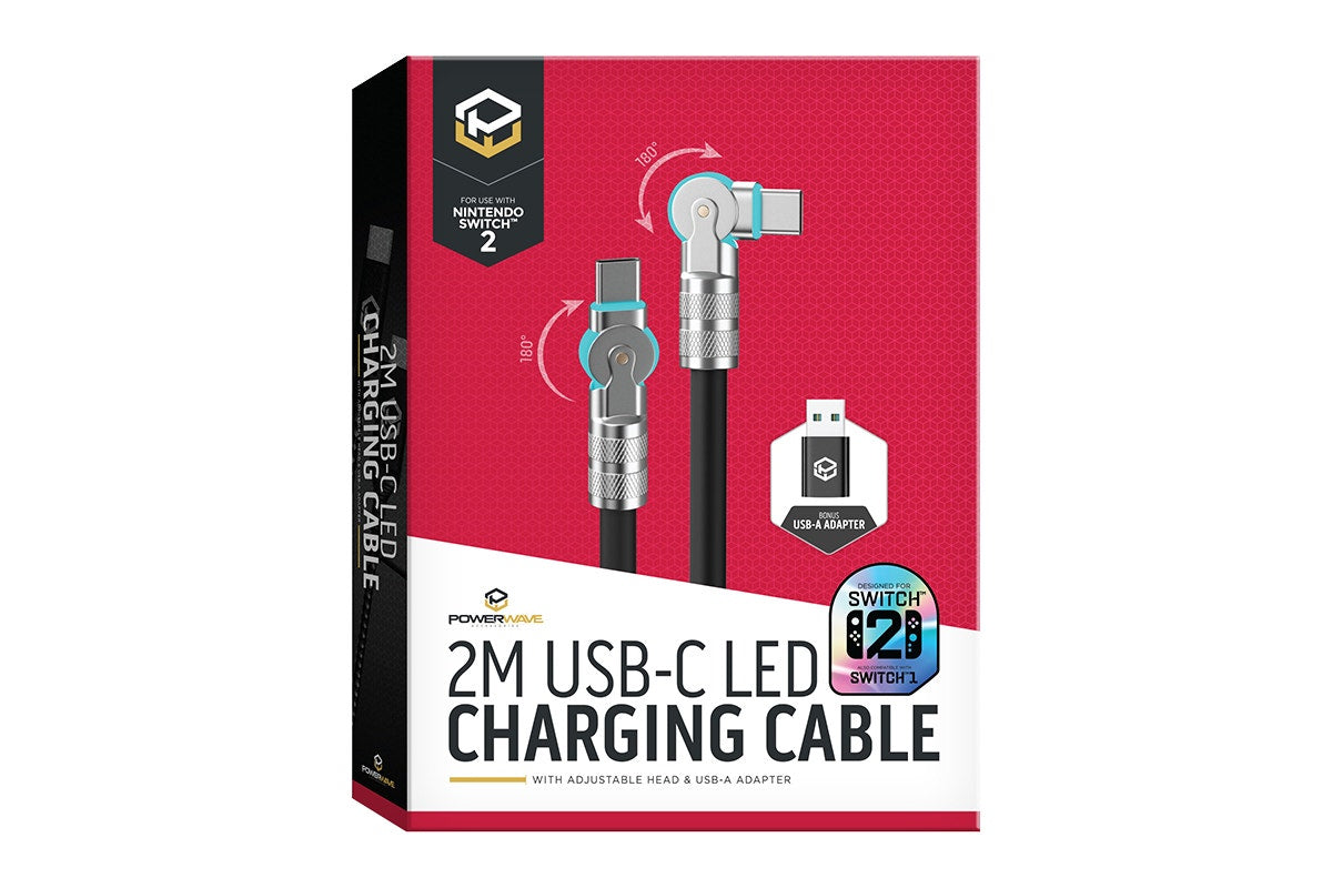 Powerwave USB-C LED Charging Cable with Adjustable Head & USB-A Adapter for Nintendo Switch 2 (2m)