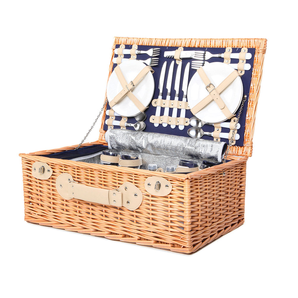 Alfresco 4 Person Picnic Basket Wicker Set Baskets Outdoor Insulated Blanket Navy | Auzzi Store