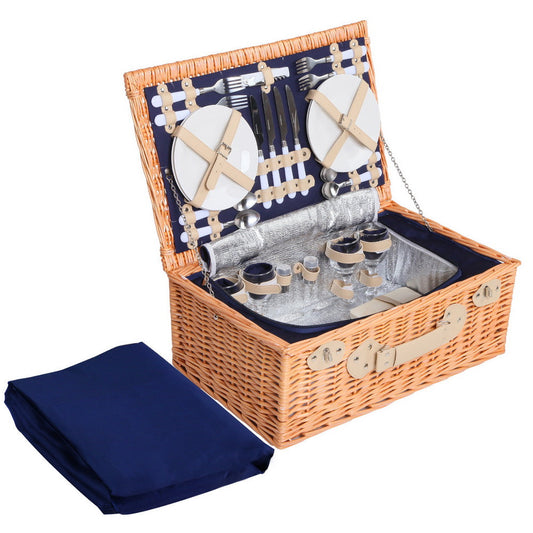 Alfresco 4 Person Picnic Basket Wicker Set Baskets Outdoor Insulated Blanket Navy | Auzzi Store