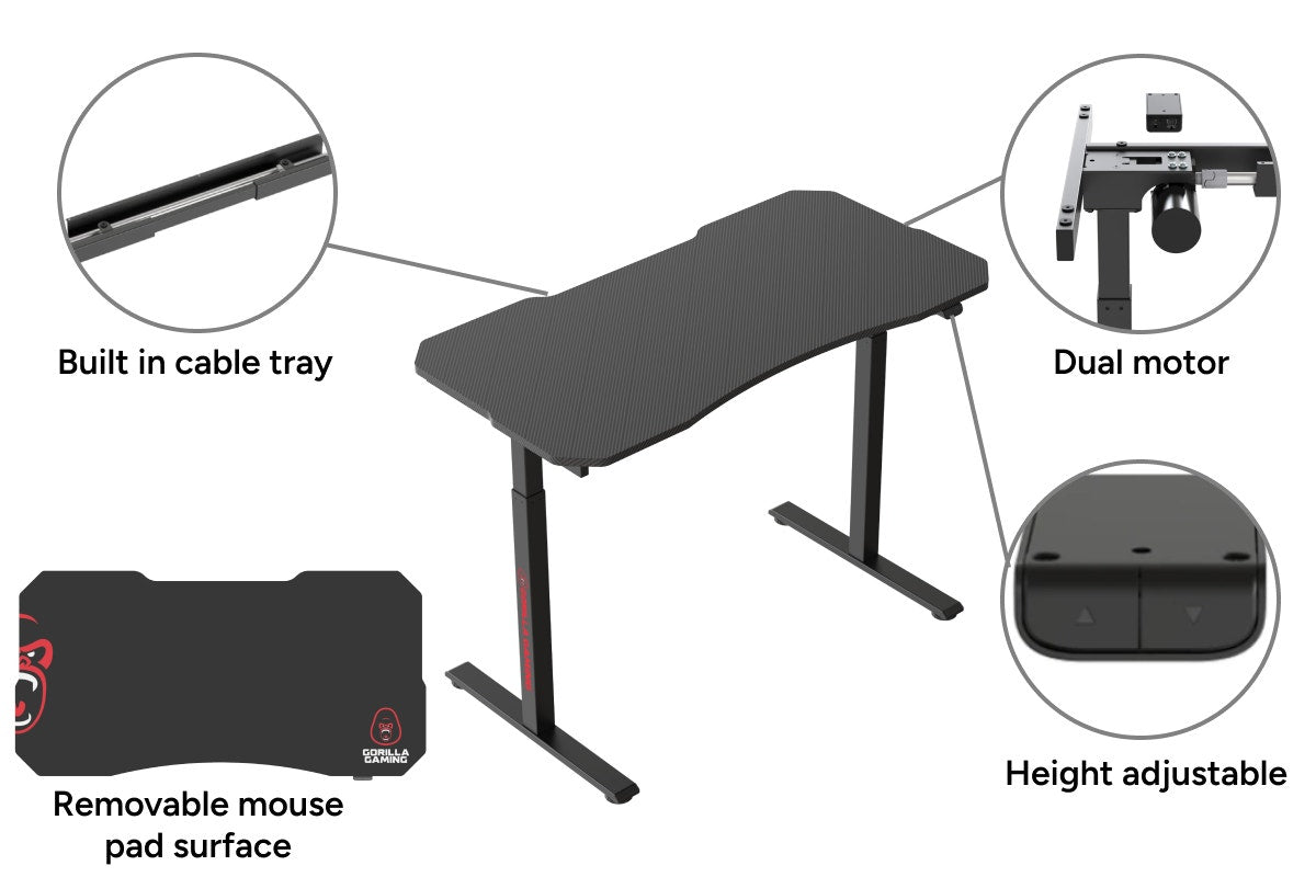 Gorilla Gaming Electric Standing Desk Height Adjustable Dual Motor with Mouse Pad Surface 120 x 60cm - Black