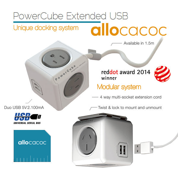 Allocacoc PowerCube Extended USB Powerboard 4-Outlets 2 USB Ports Grey-White 1.5m | Auzzi Store