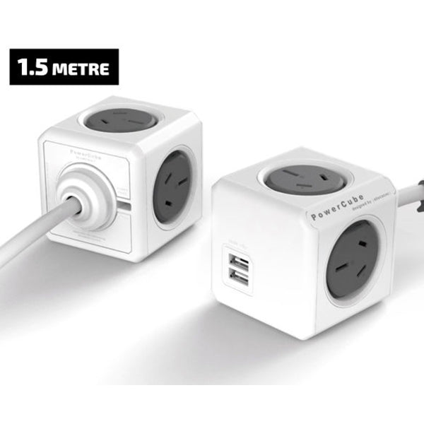 Allocacoc PowerCube Extended USB Powerboard 4-Outlets 2 USB Ports Grey-White 1.5m | Auzzi Store