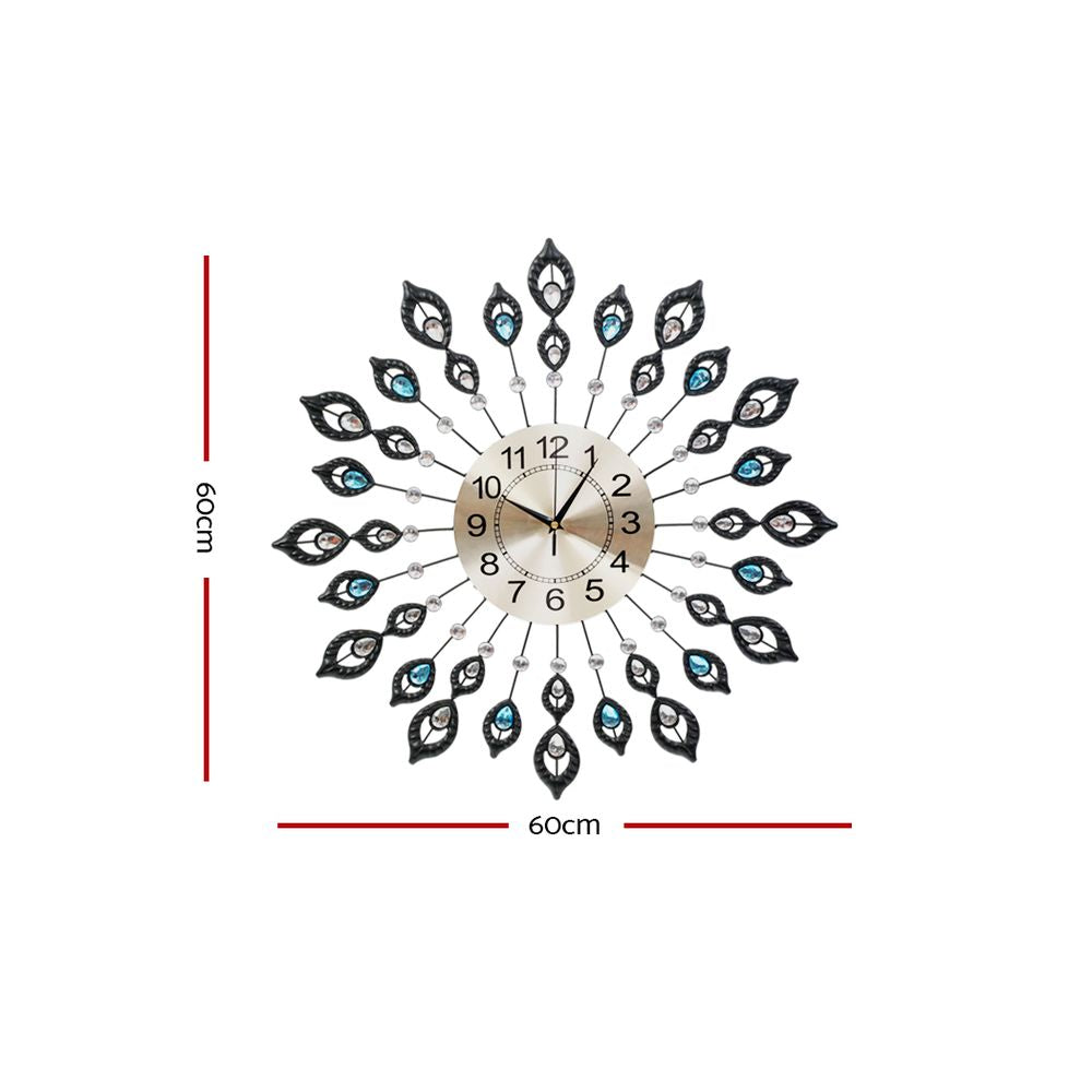 Artiss 60CM Peacock Wall Clock Large 3D Modern Crystal Luxury Round Wall Clocks Home Decor Black | Auzzi Store