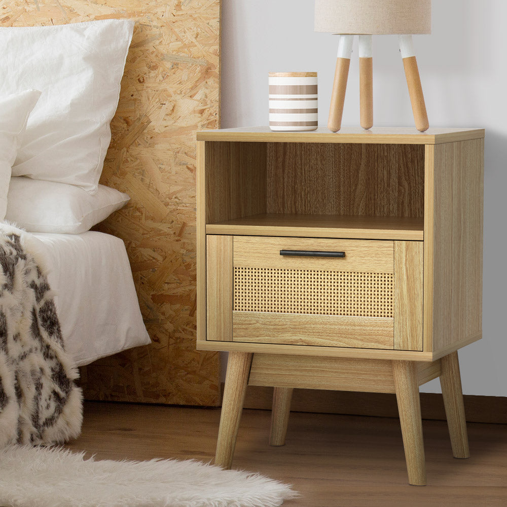 Artiss Bedside Tables Rattan Drawers Side Table Nightstand Storage Cabinet Wood | Auzzi Store