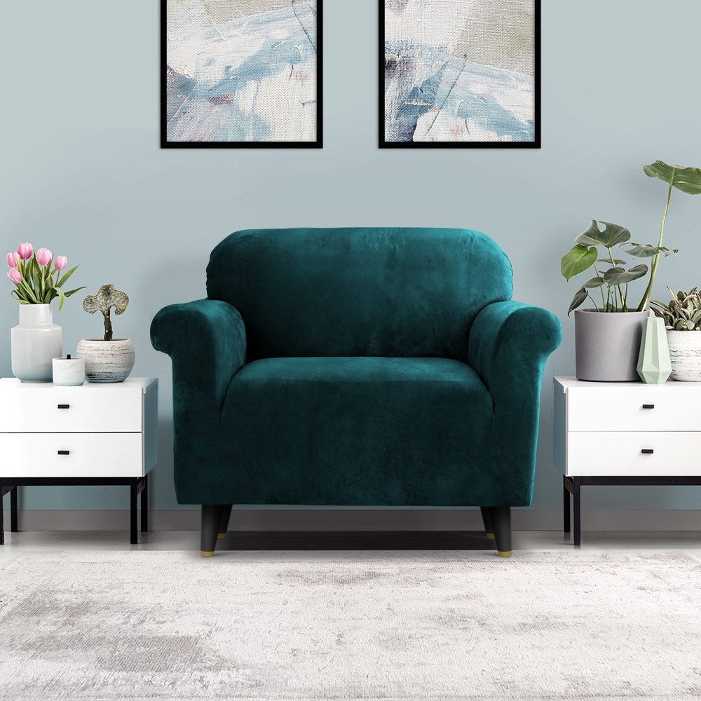 Artiss Velvet Sofa Cover Plush Couch Cover Lounge Slipcover 1 Seater Agate Green | Auzzi Store