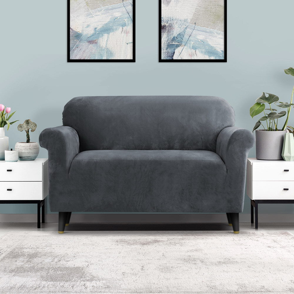 Artiss Velvet Sofa Cover Plush Couch Cover Lounge Slipcover 2 Seater Grey | Auzzi Store