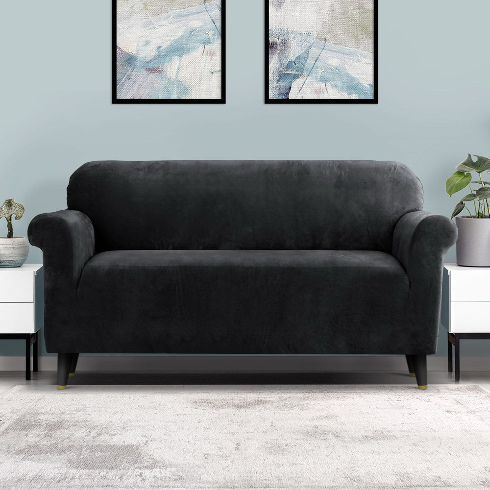 Artiss Velvet Sofa Cover Plush Couch Cover Lounge Slipcover 3 Seater Black | Auzzi Store
