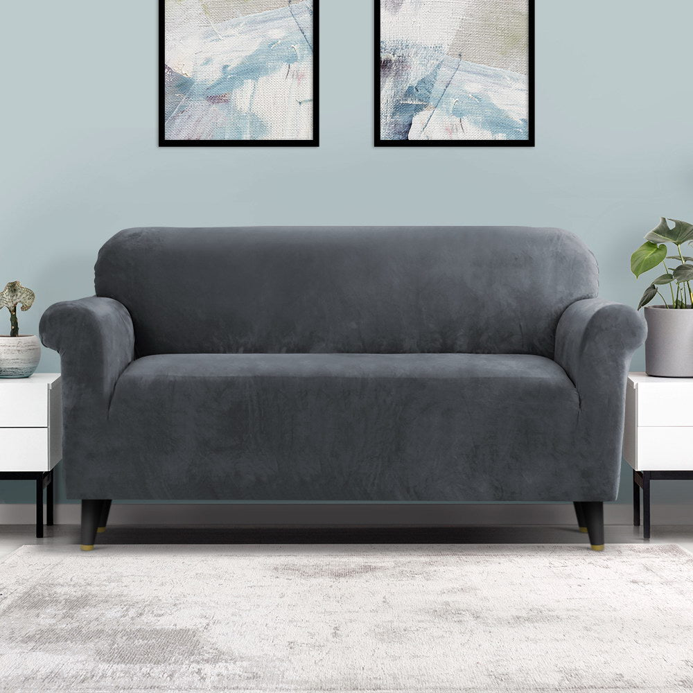 Artiss Velvet Sofa Cover Plush Couch Cover Lounge Slipcover 3 Seater Grey | Auzzi Store