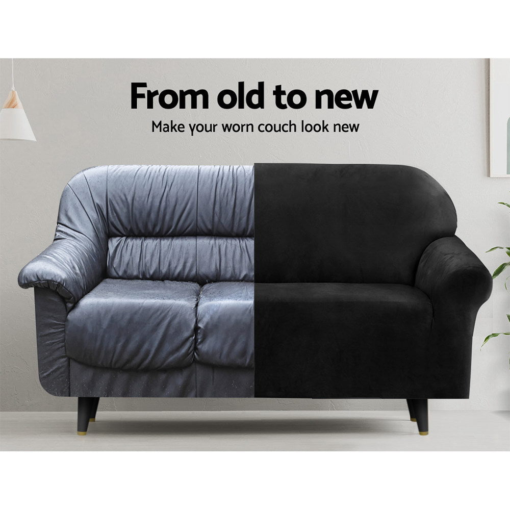 Artiss Velvet Sofa Cover Plush Couch Cover Lounge Slipcover 4 Seater Black | Auzzi Store