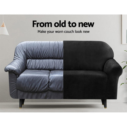 Artiss Velvet Sofa Cover Plush Couch Cover Lounge Slipcover 4 Seater Black | Auzzi Store
