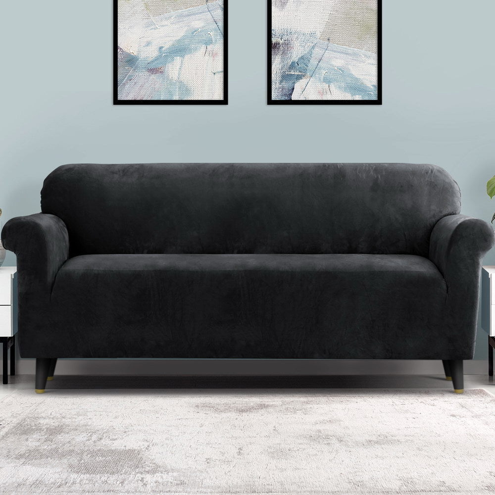 Artiss Velvet Sofa Cover Plush Couch Cover Lounge Slipcover 4 Seater Black | Auzzi Store