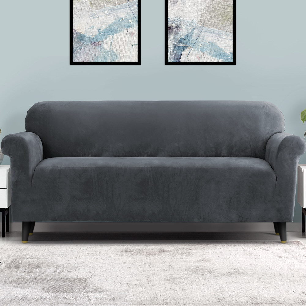 Artiss Velvet Sofa Cover Plush Couch Cover Lounge Slipcover 4 Seater Grey | Auzzi Store