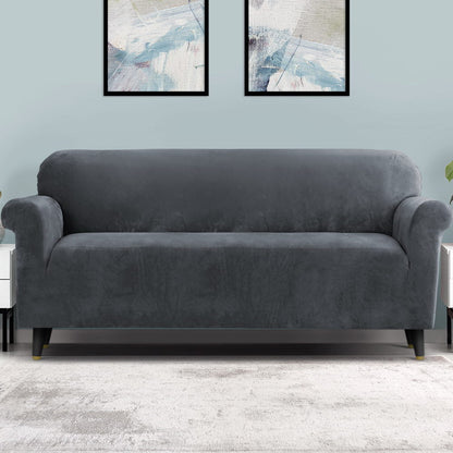Artiss Velvet Sofa Cover Plush Couch Cover Lounge Slipcover 4 Seater Grey | Auzzi Store