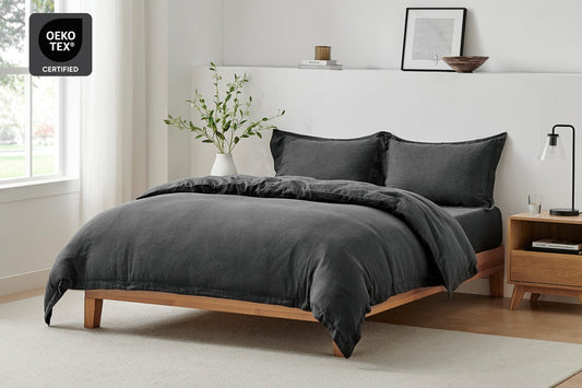 Brosa Washed Linen Cotton Quilt Cover Set (Charcoal, Queen)