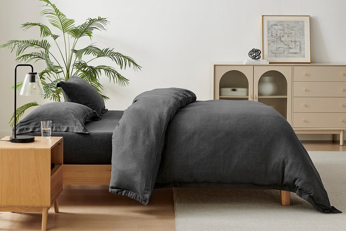 Brosa Washed Linen Cotton Quilt Cover Set (Charcoal, Queen)