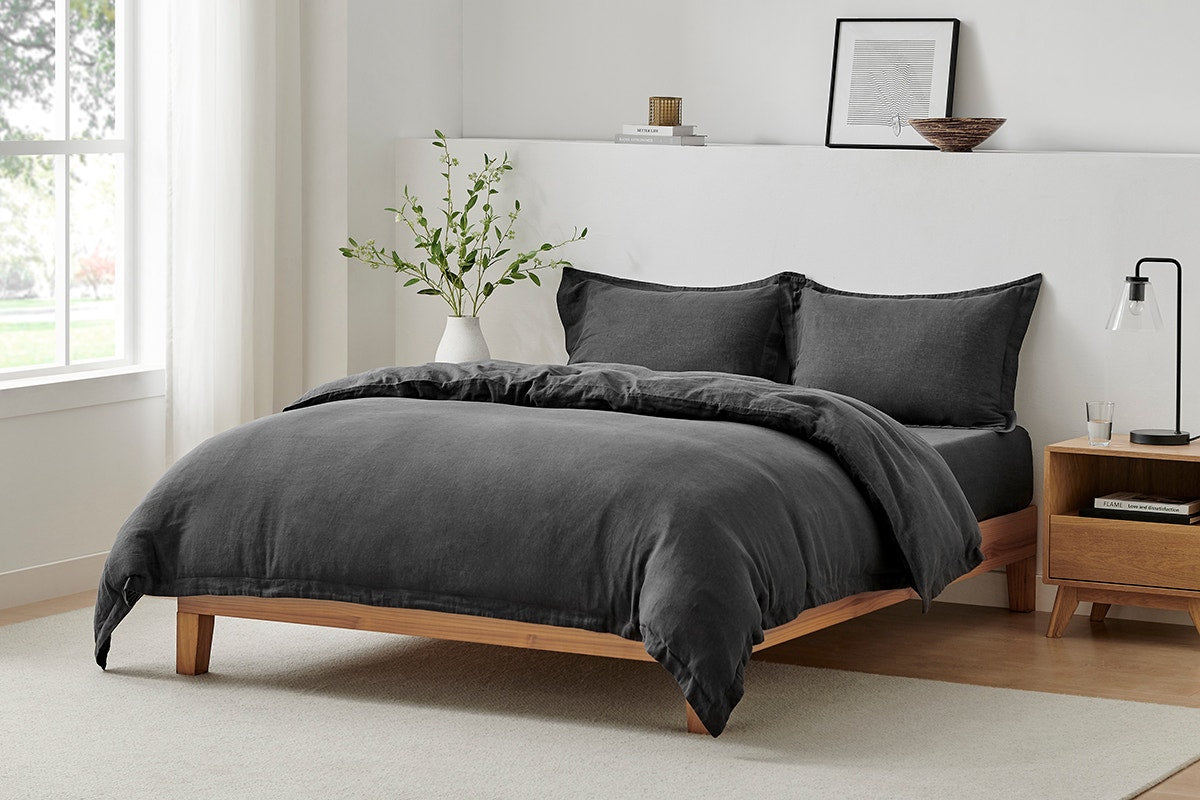 Brosa Washed Linen Cotton Quilt Cover Set (Charcoal, King)