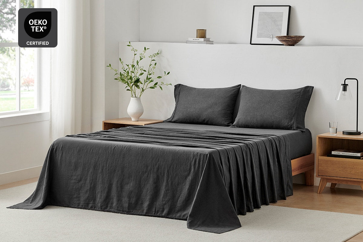 Brosa Washed Linen Cotton Bed Sheet Set (Charcoal, Double)